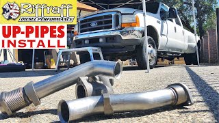 2001 F350 73  RiffRaff UpPipes Install  Stock up pipes leaking and falling apart JUNK SP [upl. by Woolley]