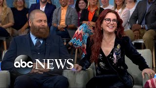 Nick Offerman and Megan Mullally talk The Greatest Love Story Ever Told [upl. by Anirtik]